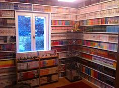 a room filled with lots of books on shelves next to a window and a red rug