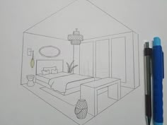 a drawing of a bedroom with a bed and desk in the corner next to a pen