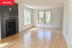 an empty living room with hard wood flooring and fireplace in the corner, before and after remodel