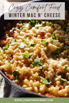 a skillet filled with macaroni and cheese