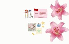 two pink flowers and some stickers on a white background