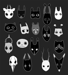 various masks with different faces and eyes on black background, all drawn in one single line