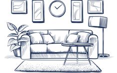 sketched living room with couch, table and pictures on the wall stock photo - 519