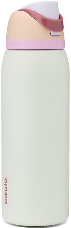 thermos insulated food container with lid in white and pink is shown on a white background