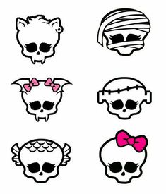 six skulls with different hair styles and bows