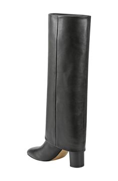 A fold-over shaft amplifies the modern appeal of a knee-high leather boot balanced by a pointy toe and wrapped block heel. 3" heel 14 1/4" shaft; 14 3/4" calf circumference Leather upper/textile and synthetic lining/synthetic sole Imported Knee High Leather Boots, Leather Boot, Marc Fisher, Boots Outfit, Dress With Boots, Knee High Boots, Black Boots, Knee High, Block Heels