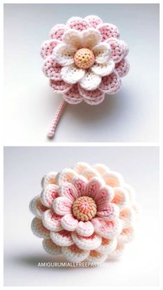 crocheted flower brooch made from two different colors and sizes, with the center in