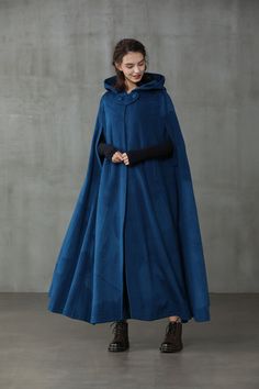 Maxi Hooded Wool Coat Cloak (8 Colors) – Linennaive Medival Outfits Woman Cloak, Cloak Outfit Ideas, Blue Cloak Aesthetic, Wizard Clothes Aesthetic, Fantasy Cold Weather Clothes, Wizard Outfit Ideas, Wizard Robes Aesthetic, Mage Cloak, Medieval Winter Clothes