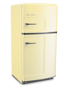 an old fashioned yellow refrigerator on a white background