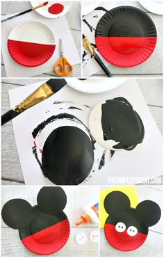 mickey mouse paper plate craft with red and black paint on it, cut out the ears