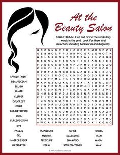 the beauty salon word search is shown in black and white with red trimmings