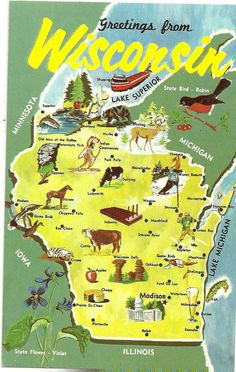 a map of wisconsin with animals and places