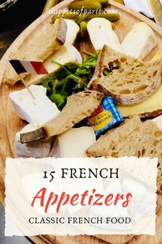 french appetizers on a wooden plate with text overlay