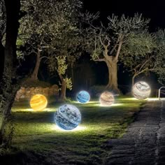 some lights that are in the grass near trees and bushes on a path at night