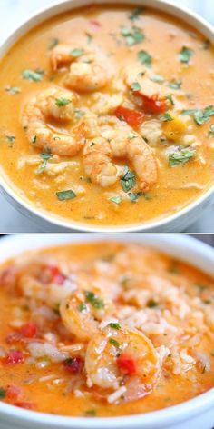 two bowls of soup with shrimp and rice