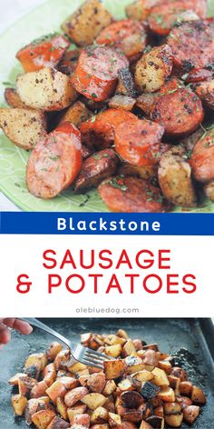 sausage and potatoes on a plate with the title blackstone sausage and potatoes written below