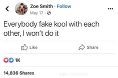 two tweets on twitter with one saying,'everybody fake kool with each other, i won't do it