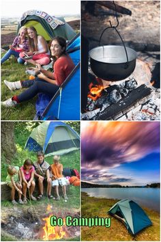 four different pictures with people sitting around campfires and camping gear on the ground