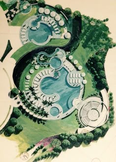 an artist's rendering of a circular pool in the middle of a landscaped area