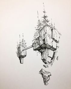 a black and white drawing of an upside down building with trees on it's roof