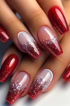 Christmas Nails Gel X Almond, Christmas Nails Red Glitter Tips, Red Sparkle Tip Nails, Sparkle Red French Tip Nails, Xmas And New Years Nails, Holiday Nails Winter Christmas Classy, Nails Acrylic For Christmas, Nails Christmas Designs Red, Xmas French Nails