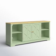 a green cabinet with two doors and shelves