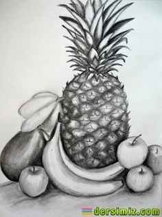 a pencil drawing of a pineapple, pears and bananas on a table top