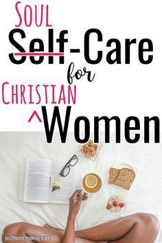 a woman laying on top of a bed next to an open book with the title soul self - care for christian women