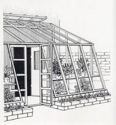 a black and white drawing of a greenhouse