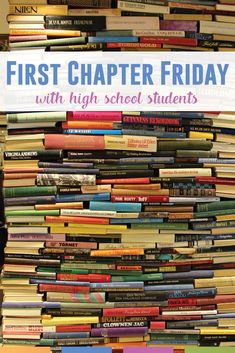 a large stack of books with the words first charter friday written above it on top