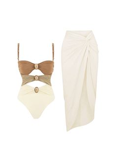 This Three Tone Hollow Out Swimsuit & Matching Skirt is the perfect addition to your beach wardrobe. Made with button decor and a matching skirt, this one-piece swimsuit features a unique three-tone design and hollow out detailing for a stylish and sophisticated look. Expertly crafted and designed to provide comfort and support, you'll feel confident and fabulous in this swimsuit. *Return and exchange are not supported Elegant Beige Swimwear For Poolside, Chic Beige Swimwear For Beach Season, Chic Beige Swimwear For Beach, Beige One-piece Swimwear For The Beach, Elegant Beige One-piece Swimwear, Elegant Swim Skirt For Summer Beach, Beige Party Swimwear, Elegant Summer Swim Skirt For The Beach, Chic Beige Swimwear For Party