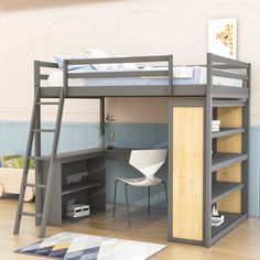 there is a loft bed with desk underneath it