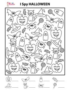 a halloween themed coloring page with the words, i spy halloween and an image of many different