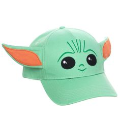 a green hat with an orange brimmed yoda face