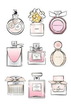 Perfume Art, Bottle Drawing, Chanel Perfume, Perfume Set, 자수 디자인, Watercolor Flowers Paintings, Luxury Perfume, Miss Dior, Watercolor Flower