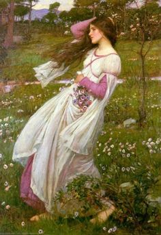 a painting of a woman in a field with flowers