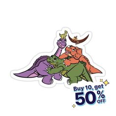 two dinosaurs are riding on top of each other with the words buy 10 get 50 % off