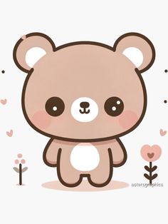 a brown teddy bear sitting on top of a white floor next to flowers and hearts