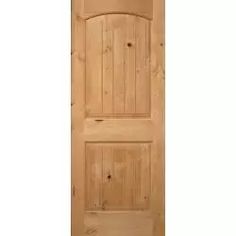 a wooden door with no glass on the front and side paneling, in an unfinished wood frame