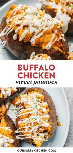 buffalo chicken baked potatoes on a white plate