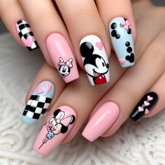 Get ready to channel your inner Disney fan with these adorable Mickey Mouse accent nail art! Paired with chic black and white checkered patterns, complemented by pops of pink and light blue, these nails are sure to turn heads. Whether you're headed to a theme park or just want to add a touch of whimsy to your look, this nail art design is guaranteed to attract attention and spark conversation. Get ready to showcase your love for all things fun and fashionable with this playful nail art inspiration! Nail Designs Cartoon Disney, Mickey Mouse Nails Design, Disney Character Nails, Forest Green Nail Designs, Nail Art Mickey Mouse, Forest Green Nail, Minnie Nails