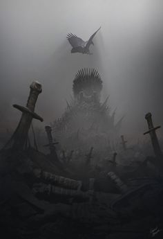 a large bird flying over a pile of crosses in the foggy sky with a giant statue behind it