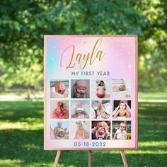 a pink and gold baby's first year sign in the grass with photos on it