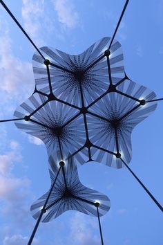 two umbrellas are hanging upside down in the sky