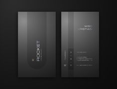 the front and back of a black business card with rounded edges, on a dark background