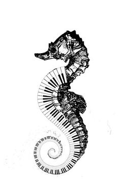 a black and white drawing of a seahorse with music notes on it's tail