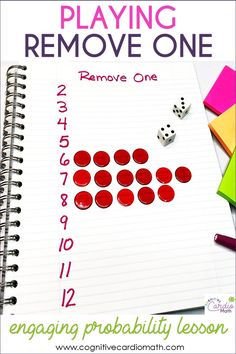 a notebook with some dices on top of it and the words playing remove one