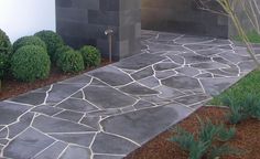 a stone walkway leading to a black building