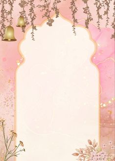 a pink and gold background with bells hanging from it's sides, surrounded by flowers