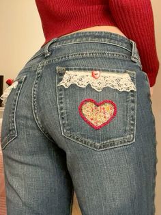 Crochet Patches On Jeans, Patched Up Beabadoobee Aesthetic, Sewn On Patches, Jean Sewing Ideas, Embroidering Aesthetic, Y2k Gifts Ideas, Upcycle Clothes Y2k, Patchwork Tshirt Ideas, Cottagecore Jeans Outfit